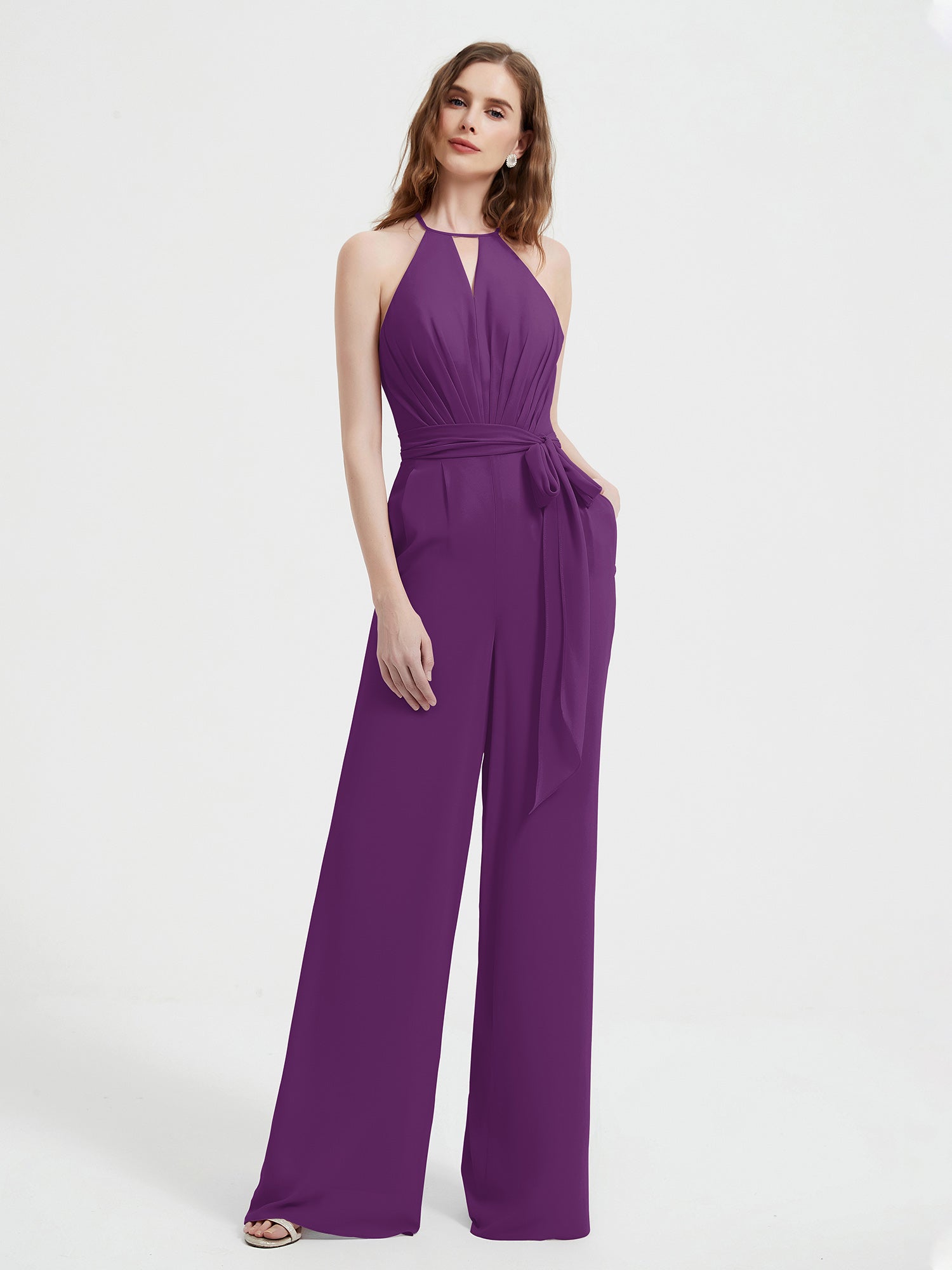 Halter Neckline Sleeveless Chiffon Pleated Jumpsuit Grape